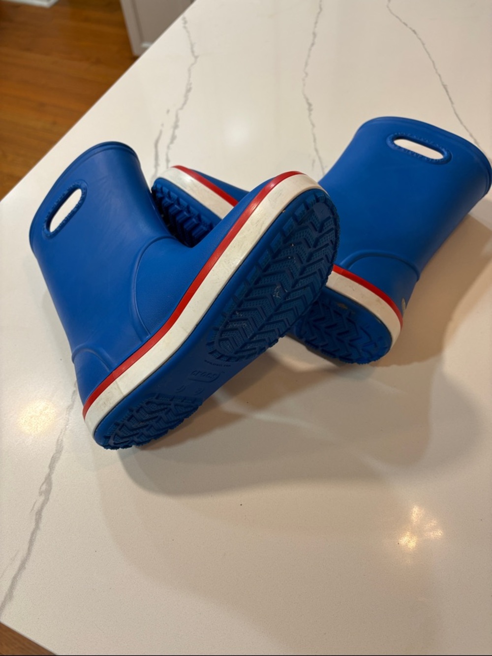 CROCS Blue Kids Rain Boots with Red-Trim Sole - Picture 2 of 5
